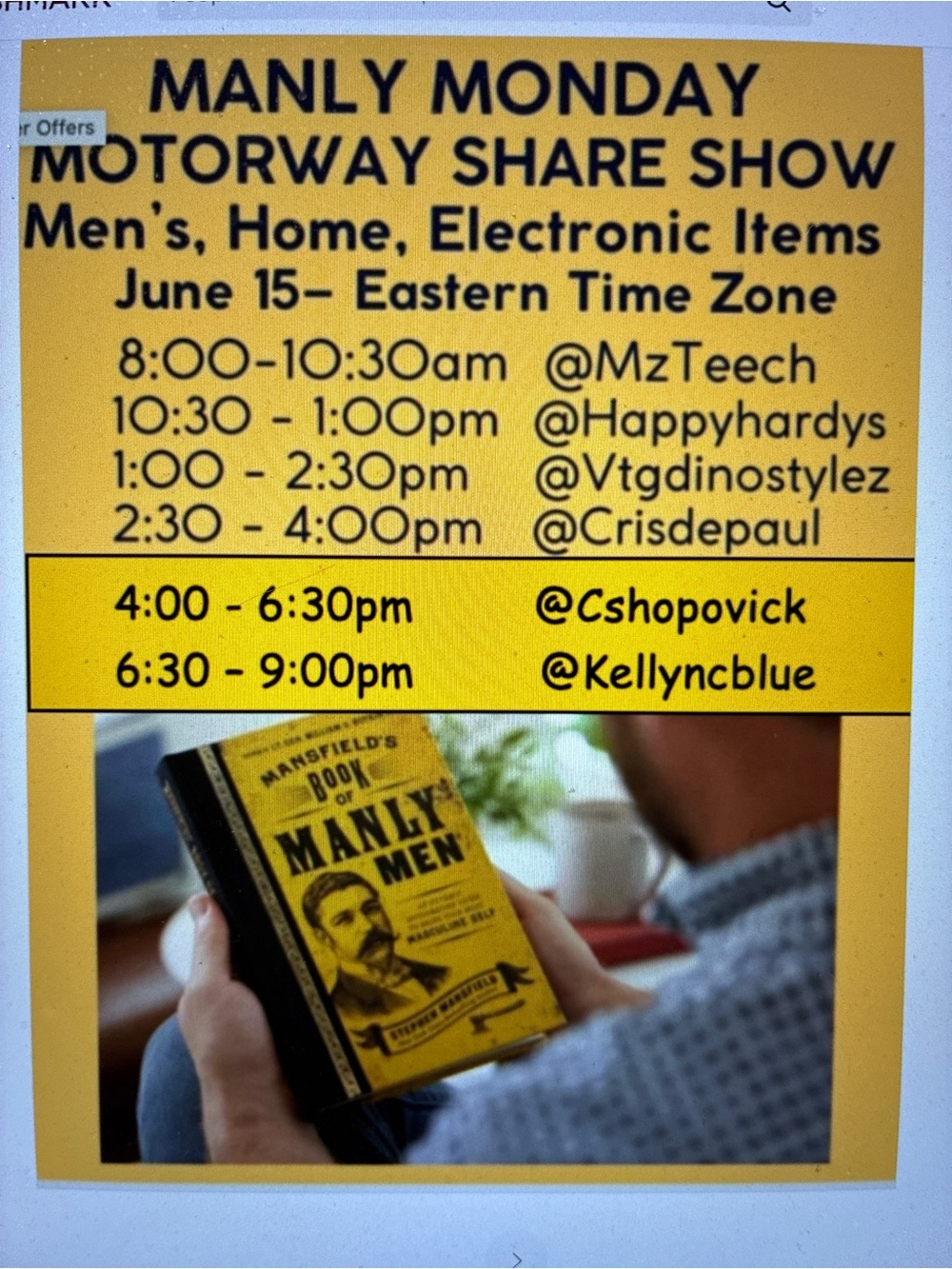 Mon 6/15 @cshopovick 4-6:30p EST MANLY MONDAY MOTORWAY SHARE SHOW!!